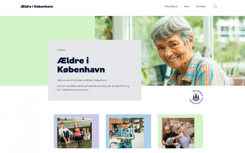 Forsiden af Ældre i København, hvor man får at vide, at man kan klikke videre og finde tilbud til dig, der er fyldt 65 år og bor i Københavns Kommune