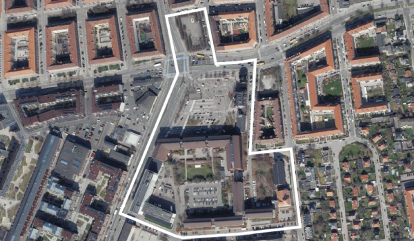 Luftfoto, der viser lokalplanområdet ved Toftegårds Plads