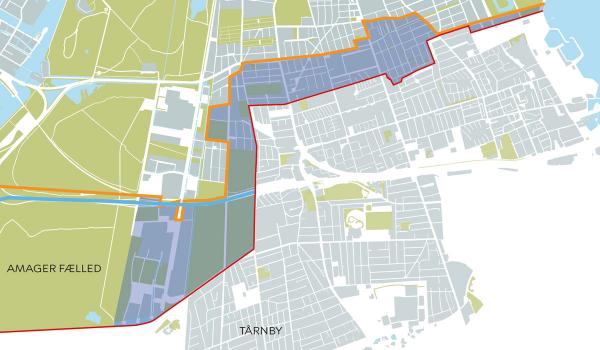 Kort, der viser området på Amager, hvor miljøzonen foreslås udvidet.