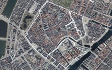 Luftfoto med markering af Middelalderbyens afgrænsning